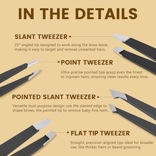 Diodiva 4-Pack Tweezers with Case for Eyebrows Facial Ingrown Hair Removal - style: 4-Pack Black