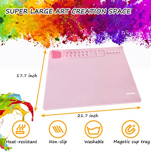 SHNOKER Silicone Craft Mat 21.7"x17.7" Super Large Silicone Painting Mat with 1 Magnetic Cup and Color Palette for Kids and Artist (Pink) - color: Pink
