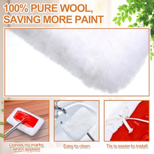 Tallew 4 Set Lambswool Applicator Kit 10 Inch 180° Adjustable Lambskin Deck Stain Applicator with 3 Lambs Wool Refill Pads No Waste Reusable for Wood Deck Floor Fence Walls Floor Finish
