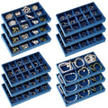 Junkin 12 Pcs Velvet Jewelry Organizer Tray, Stackable Storage - color: Peacock Blue