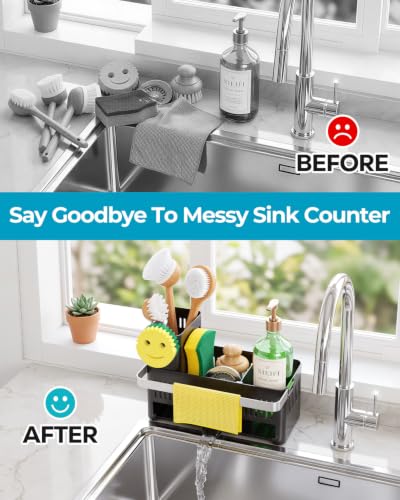 Nieifi Sponge Holder, Black Rustproof ABS Sink Caddy with Towel Rack - color: Black