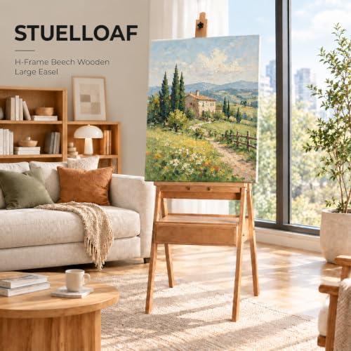 Large Solid Beech Wood Painting Easel H-Frame with Storage Drawer - color: Wooden Normal