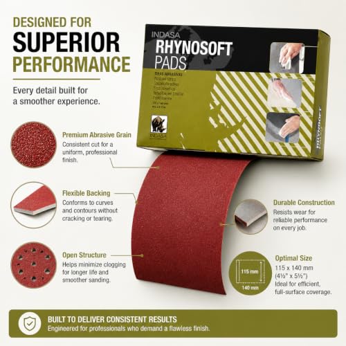Indasa Rhynosoft Foam Sanding Pads - 4.5" x 5.5", Hook and Loop, 1200 Grit, Redline, Flexible, Tear-Resistant, Ideal for Automotive, Wood, & Finishing (Pack of 20 Pads) - size: 1200-Grit 20 Pads Redline