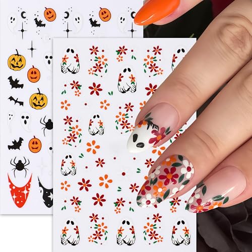 8Pcs Halloween Nail Art Stickers Decals Cute Ghost Pumpkin 3D Self Adhesive Nail Decals Flower Spooky Mushroom Ghost Nail Design Pumpkin Cats Spider Bats French Manicure Supplies for Women Nail Decor - style: bats