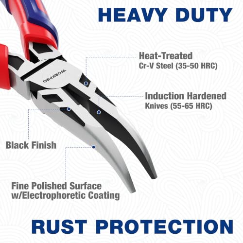 WORKPRO Premium 6" Bent Needle Nose Pliers(Smooth Jaw), Paper Clamp Precision, Heavy-Duty CRV Steel, Soft Grip with Wire Cutter, Long Nose Cutting Pliers - size: 6" Bent