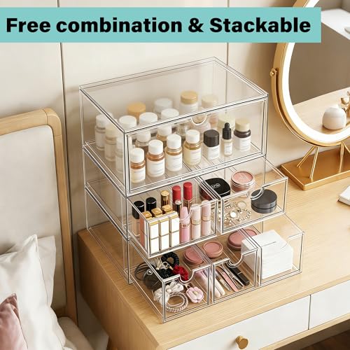 Prsildan Acrylic Makeup Organizer, 3 Pack Stackable Clear Storage Drawers for Baby Bottles Desk Organizers with 3 Drawers for Countertop Vanity Nursery Modular System for Cosmetics Jewelry - size: Stackable-3Drawers