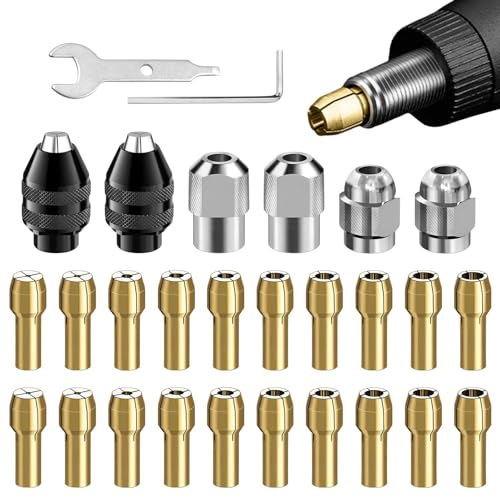 EMVANV 28pcs/set Drill Chuck Collet for Dremel, 1/32 To 1/8inch Drill Chuck Collet Set, with 2pcs British 4486 3-jaw chuck, Chuck Shank Rotary Tool Quick Change Adapter