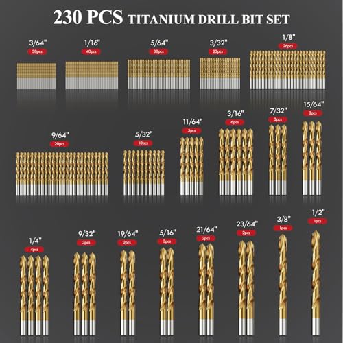 230pcs Titanium Coating HSS Drill Bit Set (3/64"-1/2") - size: HSS-230pcs