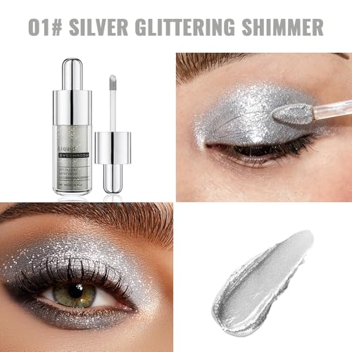 Silver White Pink Shimmer Liquid Metallic Eyeshadow, Everyday Cool Toned Eye Shadow Makeup for Older Women, Multi-Dimensional Finish For Brown Hazel Eyes, Mini Travel Size, Vegan & Cruelty-Free 01# - color: J-#01
