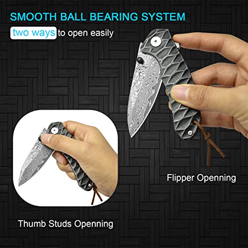 AUBEY Damascus Pocket Knife for Men, Forged 2.95" Damascus Steel Blade DMHY