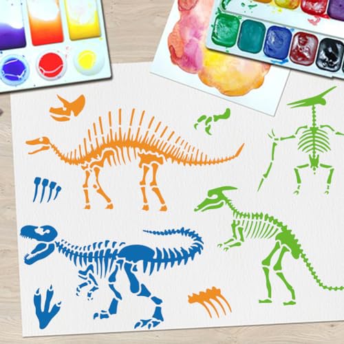 MAYJOYDIY 3pcs Dinosaur Skeleton Stencil Template Stegosaurus Triceratops Tyrannosaurus Rex Stencils 11.8×11.8inch with Paint Brush Dinosaur Footprint Stencils for Painting DIY Craft Window Wood - color: Dinosaur Skeleton