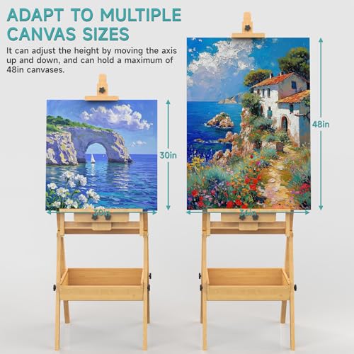 Solid Beech Wood H-Frame Easel with and Storage and 2 Palette - color: Natural Wood