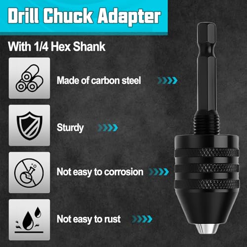 3Pcs Keyless Drill Chuck Adapter for Impact Driver, 1/4 Inch Hex Shank Quick Change Drill Bit Converter Set, Includes 0.3-6.5mm, 0.6-8mm and 0.3-3.6mm Micro Chucks Extension