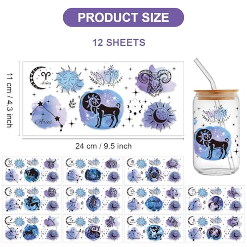 12 Sheets UV DTF Cup Wrap Transfer Stickers, Star Sign Rub on Decals Scorpio Leo Virgo UV DTF Cup Wraps Zodiac Sign Waterproof Personalized Stickers for Bottles Drink Jam Container - style: Star Signs