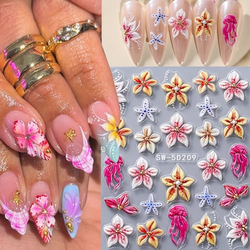 Flower Nail Art Stickers Decals 6 PCS 5D Embossed Hibiscus Decals for Nails Art Lily Hibiscus Starfish Jellyfish Daisy Bee Ladybugs Designs Summer Tropical Floral Nail Decoration for Women - style: 5D Hibiscus Flower