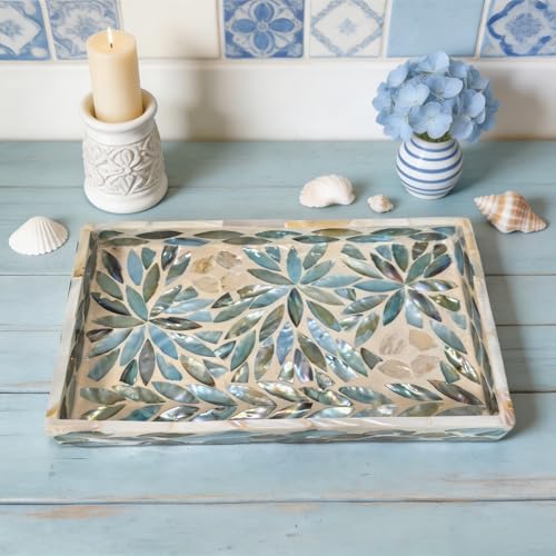 i-lanSet of 2 Mother of Pearl Narrow Vanity Trays, Floral Shell Mosaic