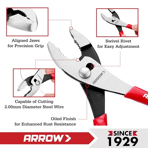 ARROW 8" Slip Joint Pliers, Pliers Tool with Thick Dip-Grip Handle - size: 8 Inch