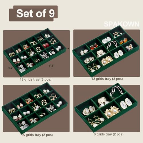 SPAKOWN Jewelry Organizer for Drawer Velvet Jewelry Tray - Set of 9 Green - color: Green