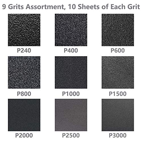 Wet Dry Sandpaper, Assorted 240-3000 Grit for Automotive Wood Sanding, 90 Sheets - style: 240-3000