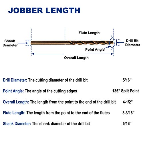5/16-Inch Cobalt Steel M35 Jobber Length Twist Drill Bits, Pack of 6 - size: 5/16 in