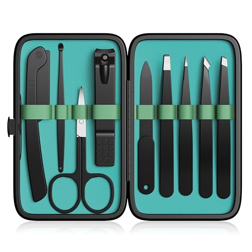 Yougai Tweezers Set,9 Pcs Professional Stainless Steel Tweezer Kit-Great Precision Tweezers for Daily Beauty Tools with Leather Travel Case as Stocking Stuffers Gifts - color: Green