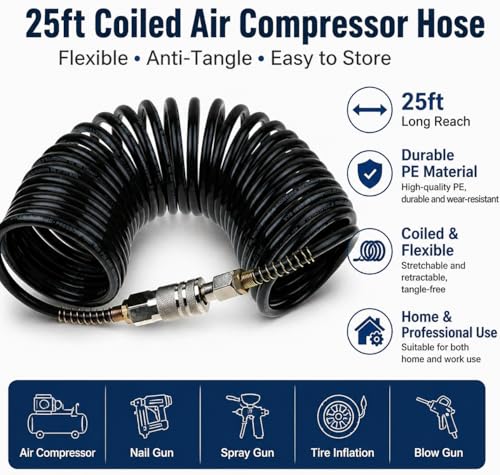 25ft Air Compressor Hose with Bend Restrictor and 1/4 Quick Coupler - Coiled Flexible Air Hose with Solid Copper Connectors