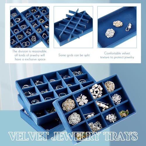 Junkin 12 Pcs Velvet Jewelry Organizer Tray, Stackable Storage - color: Peacock Blue