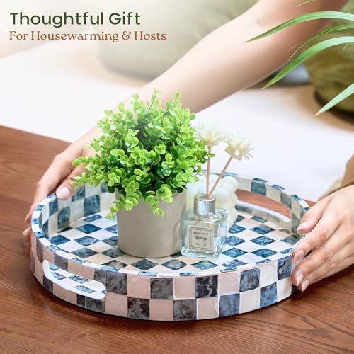 CHI AN HOME 12.6" Capiz Shell Round Decorative Tray with Handles, Navy Blue - color: Navy Blue