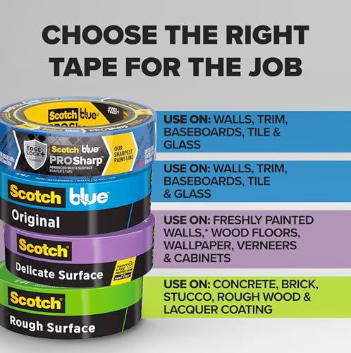 3M Scotch-Blue 2080 Safe-Release Delicate Surfaces Painters Masking Tape , 19 lbs/in Tensile Strength, 60 yds Length x 1" Width, (Pack of 4)