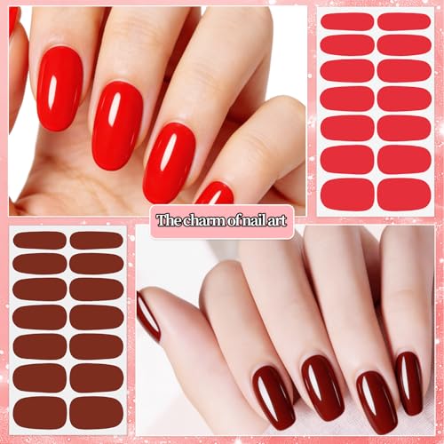 224PCS/16 Sheets Nail Polish Strips - Red Solid Color Gel Nail Stickers Full Nail Wraps UV Free | Easy to Stick | Adhesive Sticker Nails for Women with 1 File, 1 Cuticle Stick