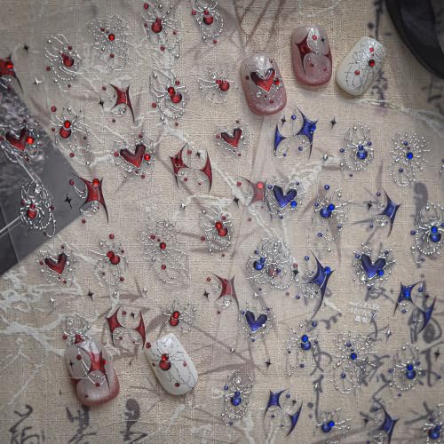 1 Sheet Halloween Nail Stickers for Nail Art Silver Spider Web Nail Decals with Red Rhinestones Spider Nail Design Gothic Halloween Holiday Crystal Red Spider Nails Supplies for Women Manicure DIY - color: Halloween Red Spider