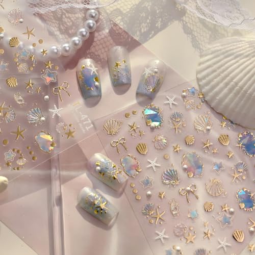 1 Sheet Summer Ocean Nail Art Stickers 5D Embossed Seashell Starfish Nail Stickers Pearl Crystal Diamond Bow Design Gold Beach Shells Nails Supplies Y2K Manicure Decorations for Women DIY Manicure - color: Summer Starfish
