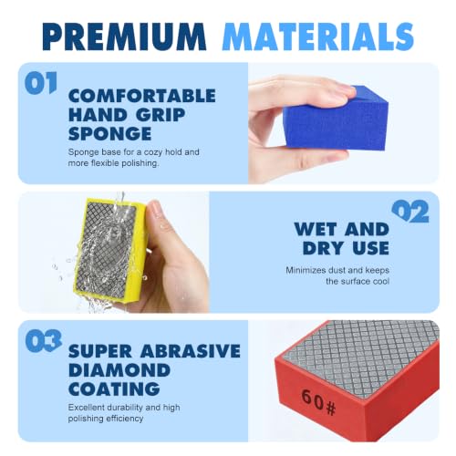 Diamond Hand Polishing Pads, 3 PCS Diamond Sanding Blocks 60#, 200#, 400#, Sanding Sponge Pads for Marble Tile Concrete Ceramic Glass Stone Granite Stone Metal Grinding - size: 3PCS-60#,200#,400#