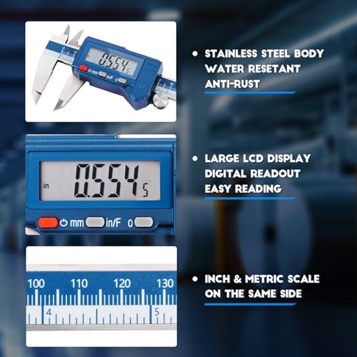 Dasqua 6” IP54 Digital Caliper, Stainless Steel Water-Resistant Precision Measuring Tool with Large LCD, Inch/Metric/Fraction Switch, Resolution 0.0005"/0.01mm/1/128, Accuracy ±0.001"/0.02mm - size: IP54 6"