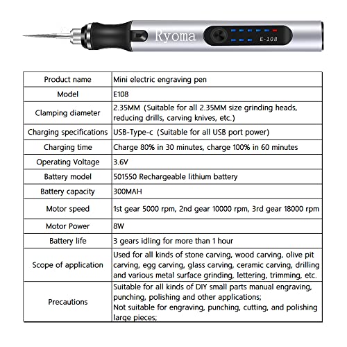Rechargeable cordless Electric Micro Engraver Pen Mini DIY Engraving Tool Kit for Metal Glass Ceramic Plastic Wood Jewelry with 30 Bits and 16 Stencils and 1 Scriber Pen - color: Silver