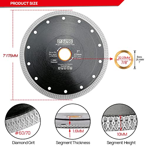 DT-DIATOOL Diamond Tile Blade 7 Inch 2pcs Diamond Turbo X Mesh Rim Segement Circular Saw Blade for Procelain Ceramic Stoneware Marble Granite Fits 5/8"-7/8" Arbor - size: 7 inch