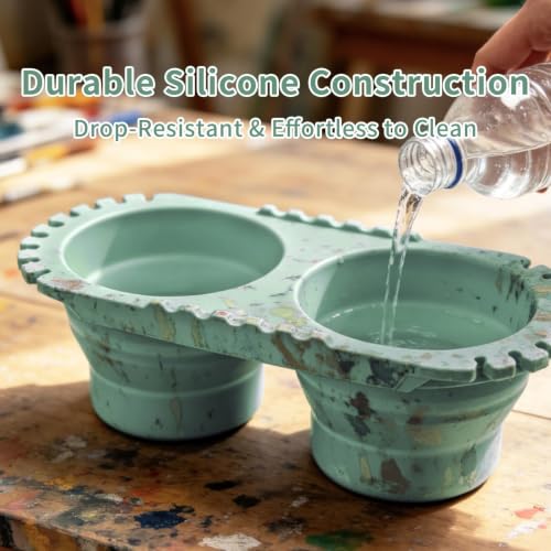 Paint Brush Cleaner Cup, Foldable Silicone Brush Cleaning Rinse Cup with Dual Compartment Cleaning Container and Brush Holder for Acrylic, Watercolor & Art Supplies - color: Green