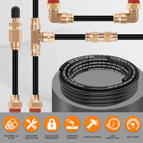 CheeMuii 20FT 3/8" DOT Air Line 3/8 Air Hose PA12 Nylon Pneumatic Tubing - color: Black, size: 3/8"OD-20FT