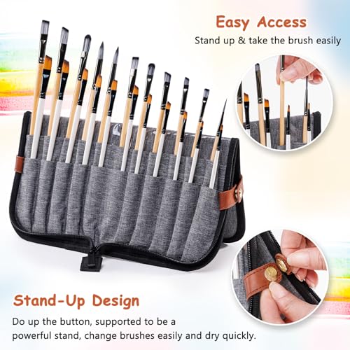 Paint Brush Holder Case for Artists, 22-Slot Paint Brush Case Pop-Up Stand - color: Gray, size: Large 6*13.5"