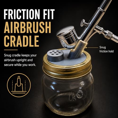 Airbrush Cleaning Pot Stand for 68mm Mason Jar – Screw-On Holder with Friction Fit Gun Rest | Spray Booth Paint Station Accessory | Hobby Art Studio Organizer
