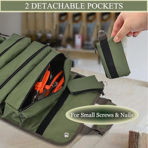 Roll Up Tool Bag, Portable Folding Tool Roll with Detachable Pouch - color: Black