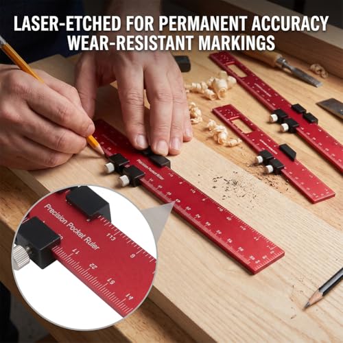 3-Piece Aluminum Alloy Positioning Ruler Set, Woodworking Marking Measuring Tool, Angle & Scribing Ruler Gauge 16/20/30cm, Red
