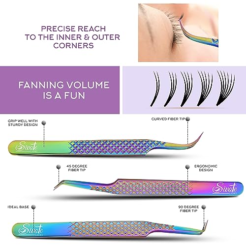 Eyelash Extension Tweezers Set of 6, Fiber Tips, Rainbow - color: Rainbow