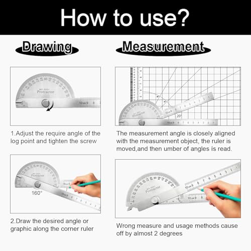 Protractor and Compass Set, Stainless Steel Angle Finder & 2 Compasses
