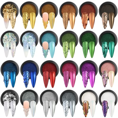 Fcozpjk Chrome Nail Powder Set 24 Colors Gold Silver White Peal Chrome Art - color: Chrome Set 2