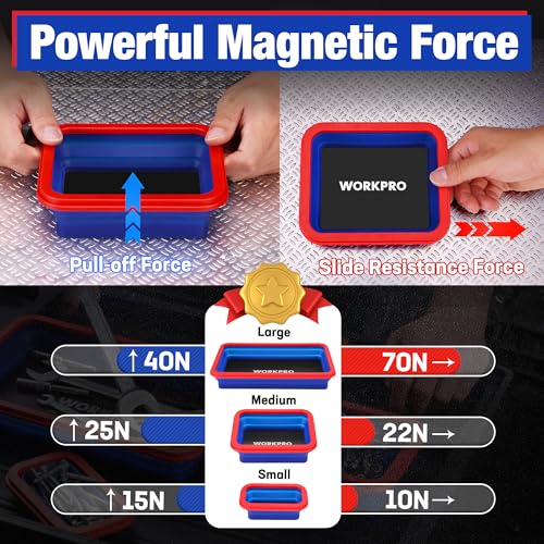 WORKPRO 4PC Collapsible Magnetic Parts Tray Set, Double-Sided Magnet Bowl