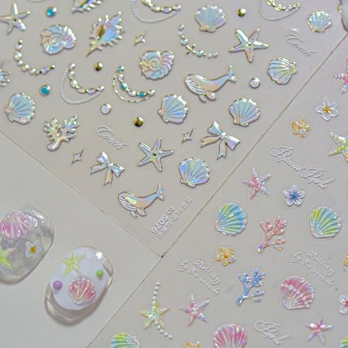 1 Sheet Starfish Nail Art Stickers Holographic Laser Summer Nail Stickers Shiny Shell Light 5D Embossed Starfish Nail Decals Marine Life Dolphin Conch Nails Design Ocean Beach Nail Supplies for Women - style: conch