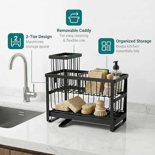 2-Tier Sink Sponge Caddy Organizer | Self Drain Sink Caddy with Dish Brush Holder | Non Toxic Kitchen Sink Accessories for Sponges, Brushes & Soap (Black) - color: Black