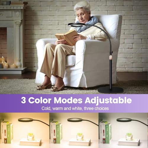 4-in-1 Magnifying Glass with Light and Stand, 3-Color Stepless Dimmable LED Magnifying Floor Lamp, 24" Gooseneck Swing Arm Lighted Magnifier with Clamp for Reading Craft (12X Black) - color: Black