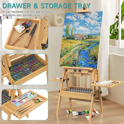 Solid Beech Wood H-Frame Easel with and Storage and 2 Palette - color: Natural Wood